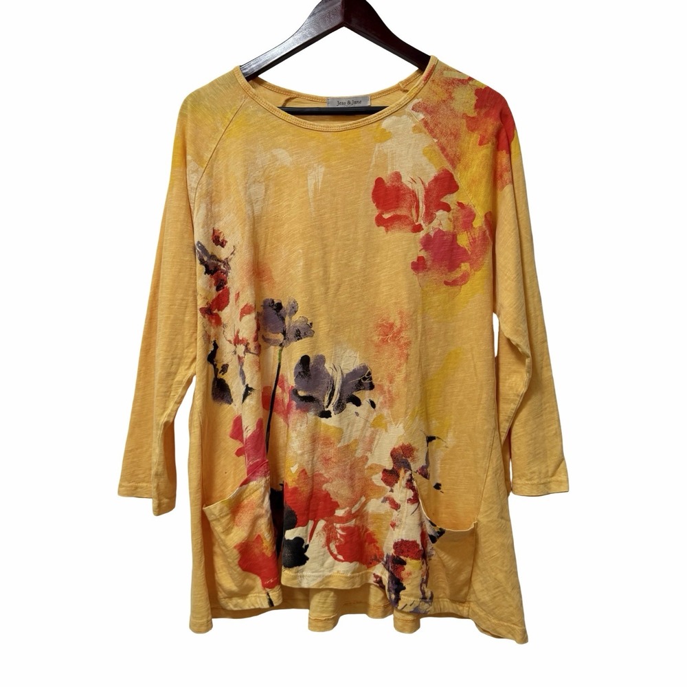 Jess & Jane Mineral Washed Patched Pocket Tunic Top Size XL Floral 3/4 Sleeve